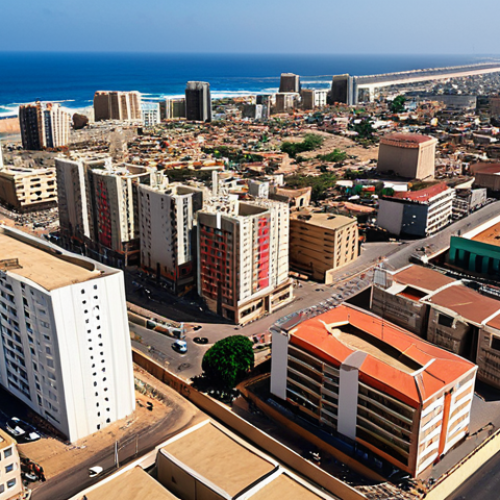Home 26 **A vibrant aerial view of Dakar, Senegal, showcasing modern apartment buildings and office towers under construction against a backdrop of the Atlantic Ocean. Include bustling street scenes with colorful local markets and modern infrastructure like highways and bridges. The overall tone should be optimistic and convey economic growth.**
