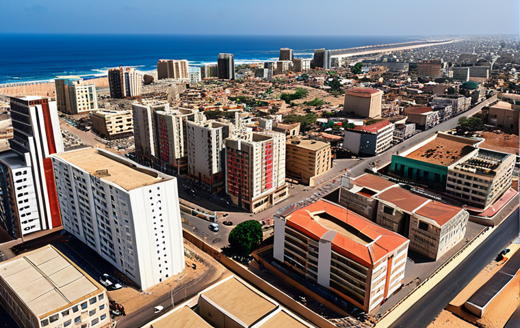 **A vibrant aerial view of Dakar, Senegal, showcasing modern apartment buildings and office towers under construction against a backdrop of the Atlantic Ocean. Include bustling street scenes with colorful local markets and modern infrastructure like highways and bridges. The overall tone should be optimistic and convey economic growth.**