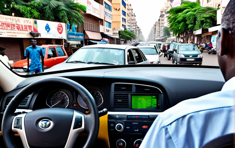 A professional individual, in modest business casual attire, focused behind the steering wheel of a car. Through the windshield, a dynamic, bustling street scene in Dakar is visible, filled with various fully clothed pedestrians, taxis, and motorcycles, all moving with a hidden, intricate logic. The scene conveys controlled flow amidst apparent chaos, highlighting the vibrant energy of the city. Professional dress, safe for work, appropriate content, fully clothed, perfect anatomy, correct proportions, natural pose, well-formed hands, natural body proportions, professional photography, high quality, detailed, realistic.