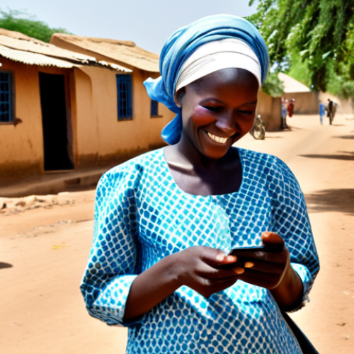 Home 23 Mobile Banking in Rural Senegal**
"A fully clothed Senegalese woman in modest, traditional clothing uses a mobile phone in a rural village setting in Senegal. She is smiling and appears to be successfully completing a transaction. Background shows a typical village scene with modest homes and local people. Safe for work, appropriate content, perfect anatomy, natural proportions, professional photography, family-friendly, high quality."
**