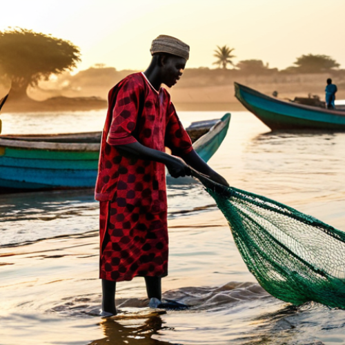 Home 12 Sustainable Fishing in Senegal**
"A Senegalese fisherman in modest, traditional fishing attire, casting a net from a colorful wooden boat on a calm ocean at sunrise. Focus on sustainable fishing practices. Background: a vibrant coastal village. Safe for work, appropriate content, fully clothed, professional, perfect anatomy, correct proportions, natural pose, high quality."
**