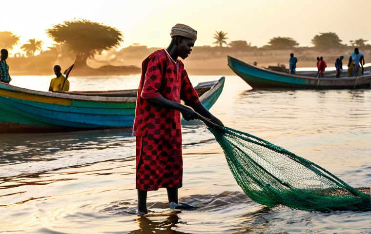 Sustainable Fishing in Senegal**

"A Senegalese fisherman in modest, traditional fishing attire, casting a net from a colorful wooden boat on a calm ocean at sunrise. Focus on sustainable fishing practices. Background: a vibrant coastal village. Safe for work, appropriate content, fully clothed, professional, perfect anatomy, correct proportions, natural pose, high quality."

**