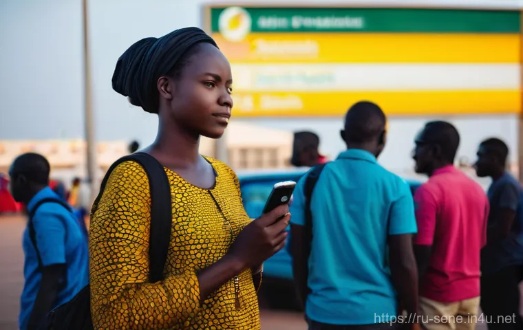 세네갈에서 전화카드 구입 방법 - **Prompt:** A female traveler, appearing to be in her late 20s to early 30s, stands just outside the...