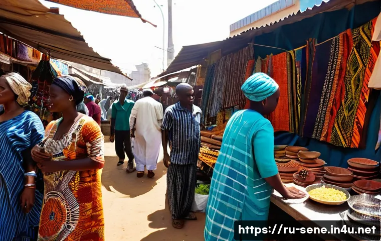 세네갈 비자 발급 방법 - **Vibrant Senegalese Market for Handcrafted Goods:** A bustling, open-air market scene in a Senegale...