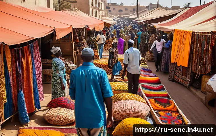 세네갈에서 기념품 구매하기 - A vibrant outdoor market scene in Dakar, Senegal, bustling with local vendors and shoppers. Stalls a...