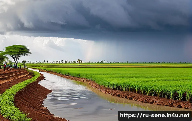 세네갈의 우기와 건기 - A vibrant Senegalese rural landscape during the wet season, showing lush green savannas and fields w...