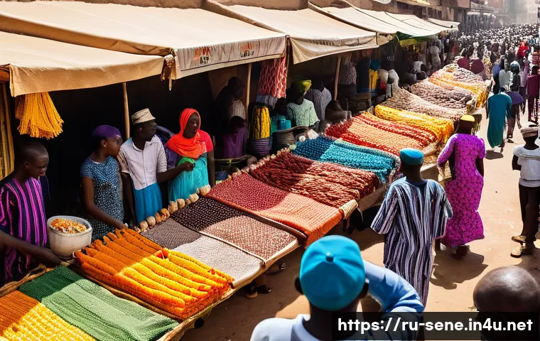 세네갈 관광지 추천 - A vibrant scene of the Kermel Market in Dakar bustling with activity: colorful stalls filled with tr...