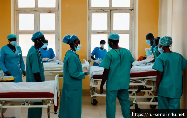 세네갈에서 의료 시스템 - A busy public hospital scene in Dakar, Senegal, showing diverse medical staff including doctors and ...