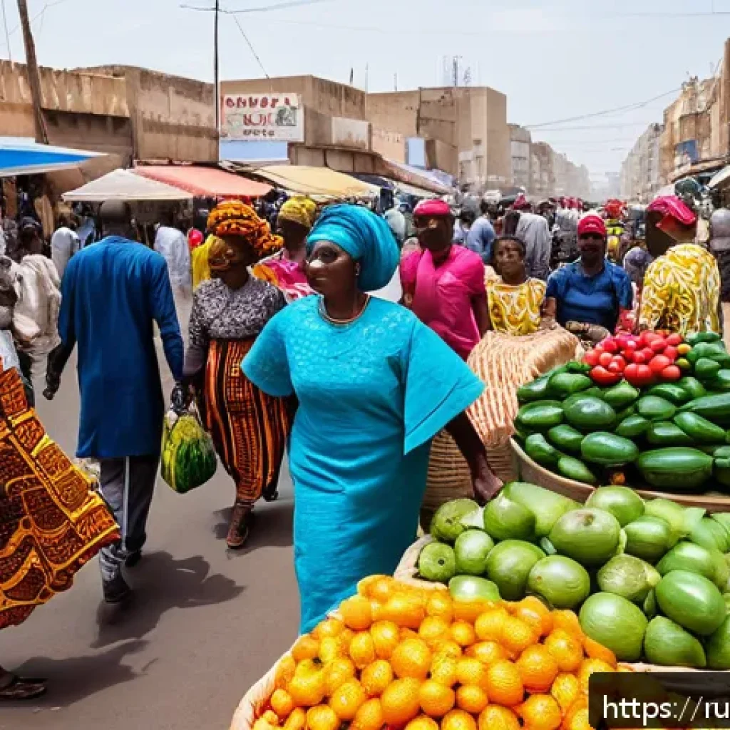세네갈의 인구 구성 - A vibrant street scene in Dakar, Senegal, showcasing a diverse group of Wolof traders and entreprene...