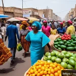 Home 23 세네갈의 인구 구성 - A vibrant street scene in Dakar, Senegal, showcasing a diverse group of Wolof traders and entreprene...