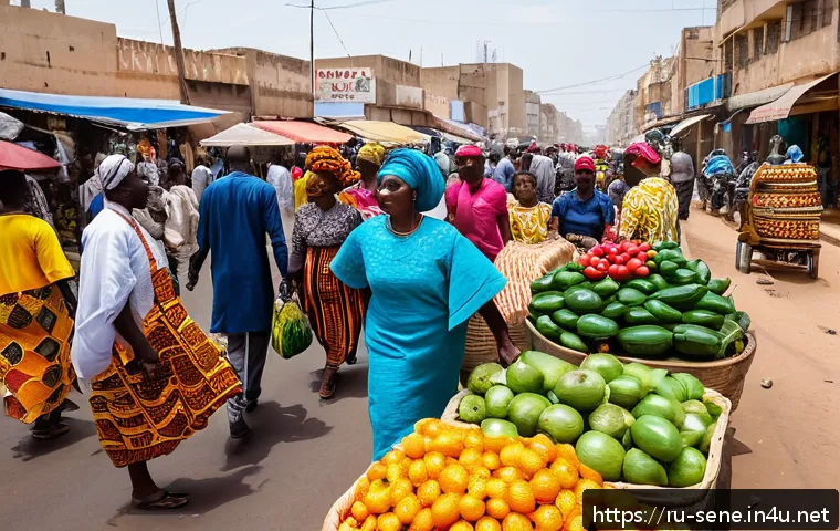 세네갈의 인구 구성 - A vibrant street scene in Dakar, Senegal, showcasing a diverse group of Wolof traders and entreprene...