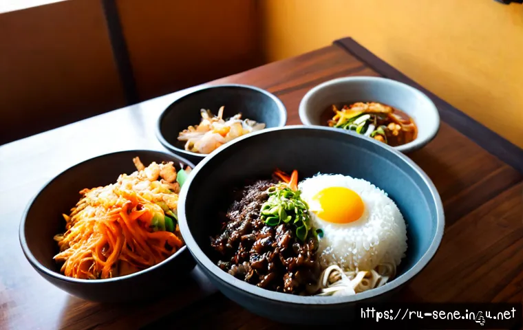 Home 17 세네갈에서 한국 음식 찾기 - Photorealistic interior of a welcoming Korean restaurant in Dakar, Senegal, a steaming bowl of bibim...