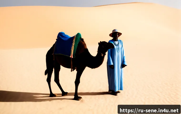 Home 17 세네갈 사막 여행 - Photorealistic travel scene in the Senegal desert near Lompoul, a Russian-speaking couple in modest ...