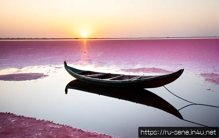 Home 17 세네갈에서 촬영하기 좋은 장소 - Photorealistic travel photography scene at Lac Rose, Senegal, a serene pink salt lake at sunrise wit...
